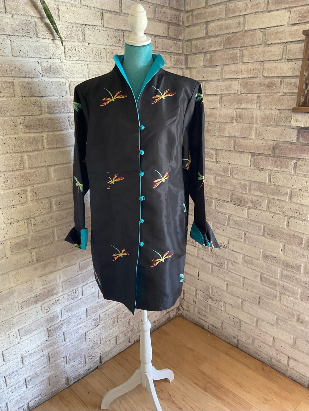 Black Silk Embroidered Button-Front Tunic with Teal Trim